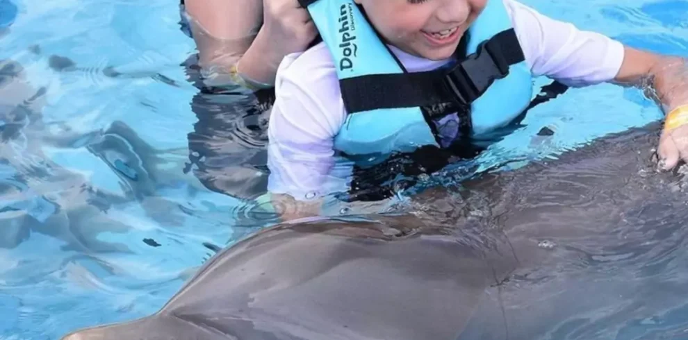 Turista nadando con delfines en Punta Cana